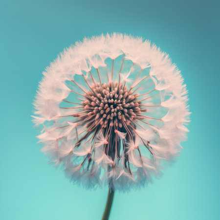 Beautiful dandelion flower on blue background, retro tonedの素材