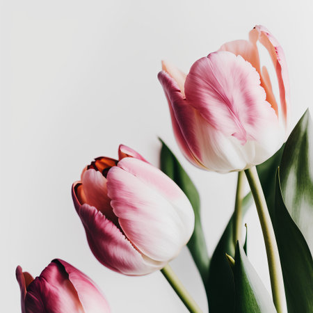 Bouquet of pink and white tulips on a white backgroundの素材