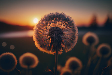 Beautiful dandelion flower at sunset. Nature background. Selective focus.の素材