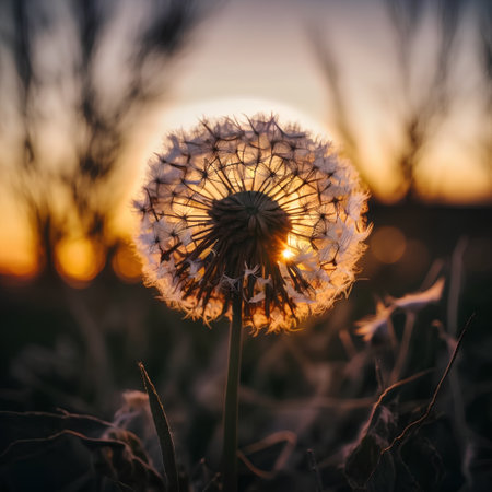 Beautiful dandelion flower in the rays of the setting sunの素材