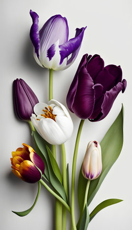 Tulips bouquet on white background. Flat lay, top viewの素材
