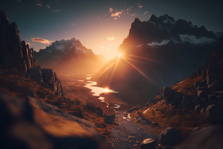 Fantasy landscape. Mountain lake at sunset. 3D illustration.の素材