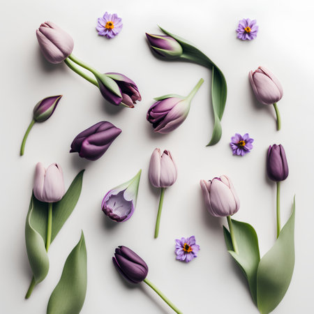 Flowers composition. Purple tulips on white background. Flat lay, top viewの素材