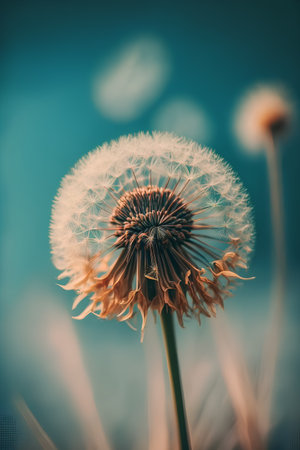 Dandelion flower on blue background. Soft focus. Vintage style.の素材