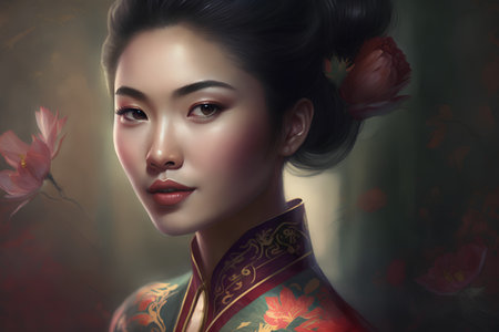 Beautiful asian woman with flowers in her hair, closeup portraitの素材