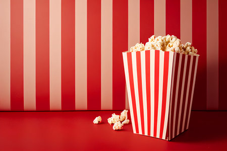 Popcorn in striped box on red and white background. Cinema concept.の素材