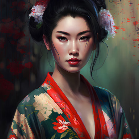 Beautiful asian woman in kimono with flowers in her hairの素材