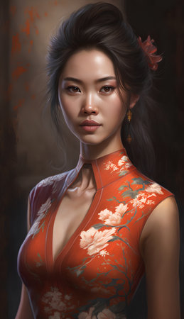 Portrait of a beautiful Asian woman in a red Chinese dress.の素材