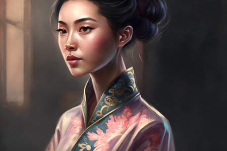 3D illustration of a beautiful asian woman in a kimonoの素材