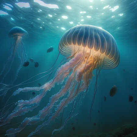 Jellyfish in the blue sea, 3d digitally rendered illustrationの素材