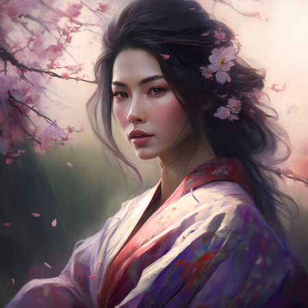 Beautiful asian woman in kimono among cherry blossomsの素材
