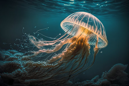 Jellyfish in the deep blue sea, 3d illustration.の素材