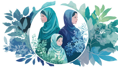 Hijab women in front of the mirror. Vector illustration.の素材