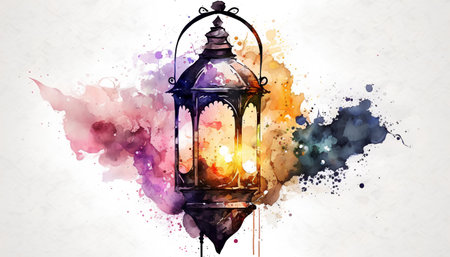 Lantern in watercolor style. Ramadan Kareem greeting cardの素材
