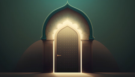 Ramadan Kareem background with mosque door and golden ornament. Vector illustrationの素材