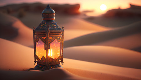 Lantern in the Sahara desert. Ramadan Kareem background.の素材