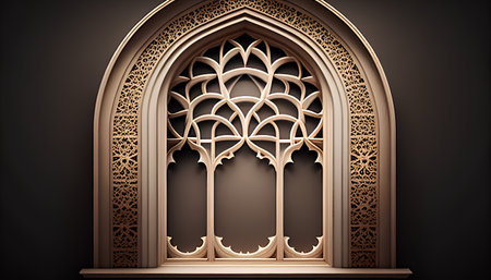 Arabic window with ornament on black wall. 3d render illustrationの素材