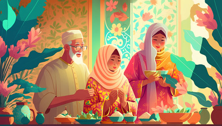 Vector illustration of a Muslim family celebrating Eid-al-Adha.の素材