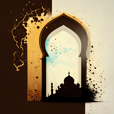 Ramadan Kareem greeting card with mosque silhouette. Grunge backgroundの素材