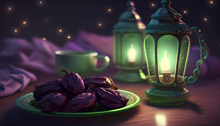 Ramadan Kareem background with dates and lantern. 3d renderingの素材
