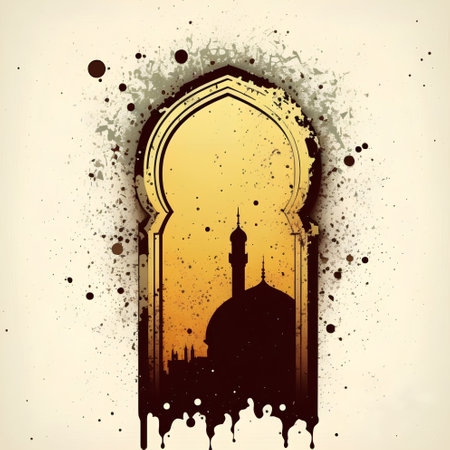 Illustration of mosque silhouette in grunge style with ink splashesの素材