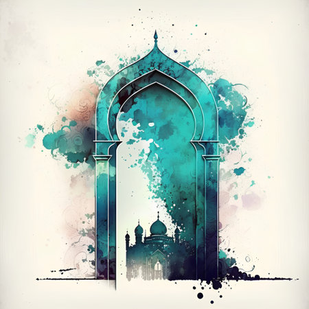 Mosque in grunge style on watercolor background. Vector illustration.の素材