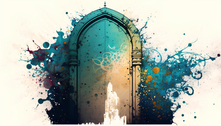 Colorful grunge background with arabic door and mosque.の素材