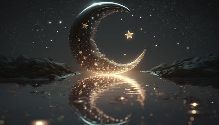 night sky with moon and stars reflected in water, 3d renderの素材