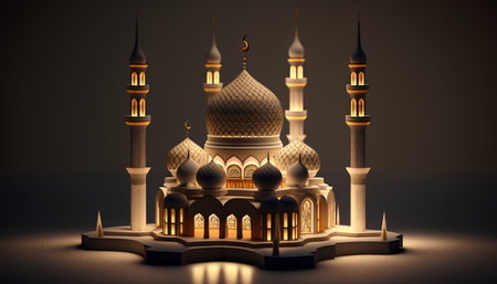 3d illustration of beautiful mosque with golden domes on dark backgroundの素材