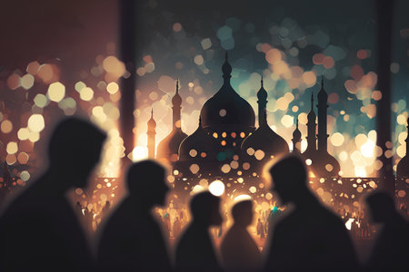 Silhouettes of silhouettes of people and mosque. Ramadan Kareem backgroundの素材
