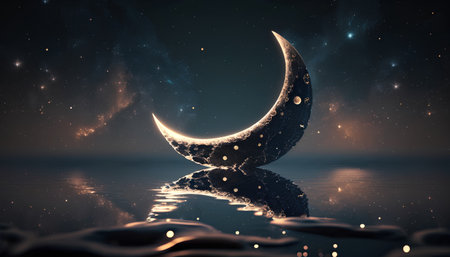 Crescent moon on a dark background. 3D rendering. Elements of this image furnished by NASAの素材
