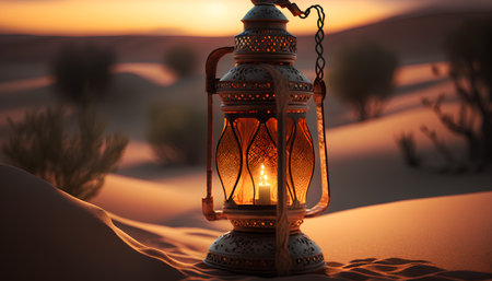 Lantern in the desert at sunset. 3d rendering.の素材