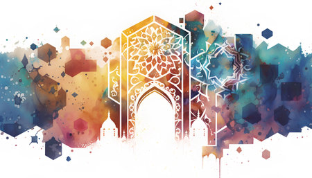 Ramadan Kareem greeting card. Abstract watercolor background with mosque.の素材