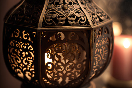 Vintage Arabic lantern with burning candle. Selective focus. Toned.の素材