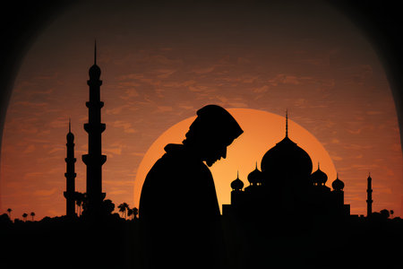 Silhouette of muslim man praying in front of mosque at sunsetの素材