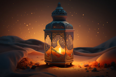 Lantern in the desert. Ramadan Kareem. 3D renderingの素材