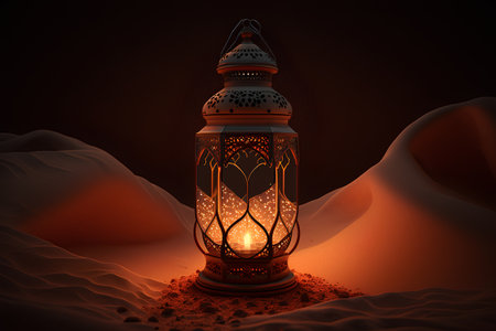 Lantern in the desert. Ramadan Kareem. 3D renderingの素材