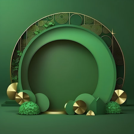 3d render, abstract green background with geometric shapes, podium for product presentationの素材