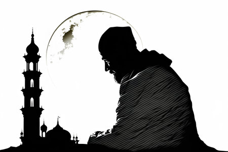 Silhouette of muslim man praying on the background of mosqueの素材