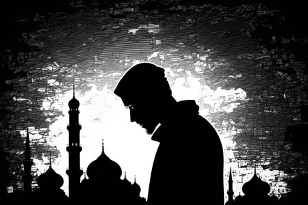 Silhouette of a muslim man with mosque in the backgroundの素材