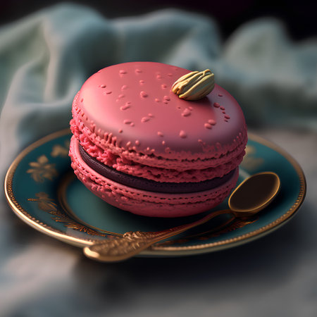 Pink macaroon with pistachio on a blue saucerの素材