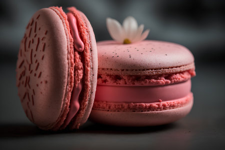 Pink macaroon with white flower on black background. Toned.の素材