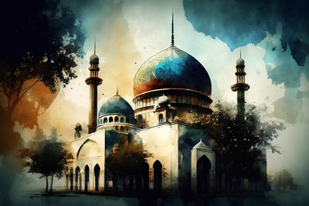 Mosque in the park. Digital painting illustration with watercolor effect.の素材