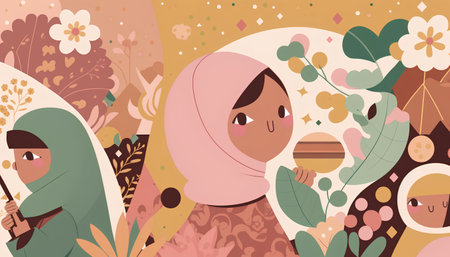 Cute muslim girl with hijab in the nature. Vector illustrationの素材