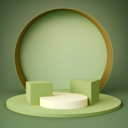3d render of abstract geometric forms. Glossy green podium for your design.の素材