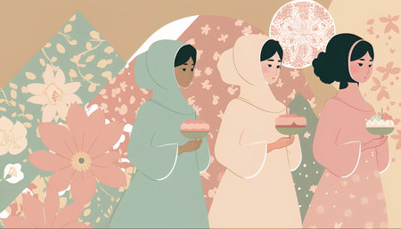 Cute vector illustration of two Muslim women with cakes in hand.の素材