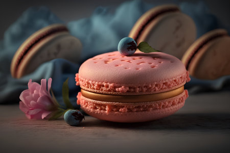 Macaroons with blueberries and pink flowers. Toned.の素材