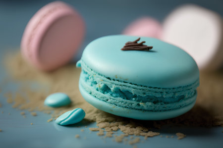 Macaroons in pastel colors on blue wooden background, close upの素材