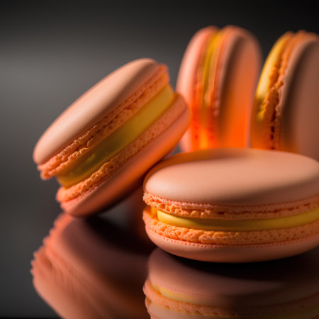 Macaroons on a black background with reflection. Close up.の素材