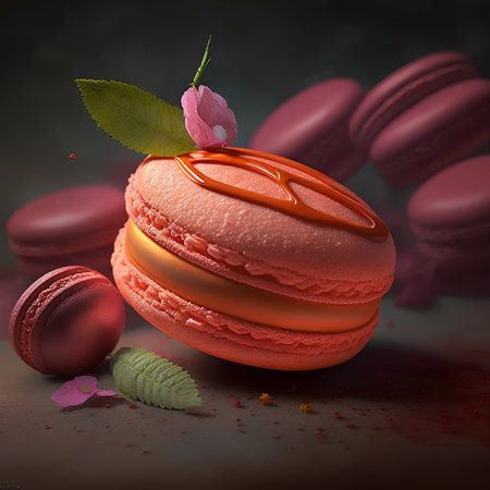 Macaroons with caramel sauce on dark background. 3d illustrationの素材